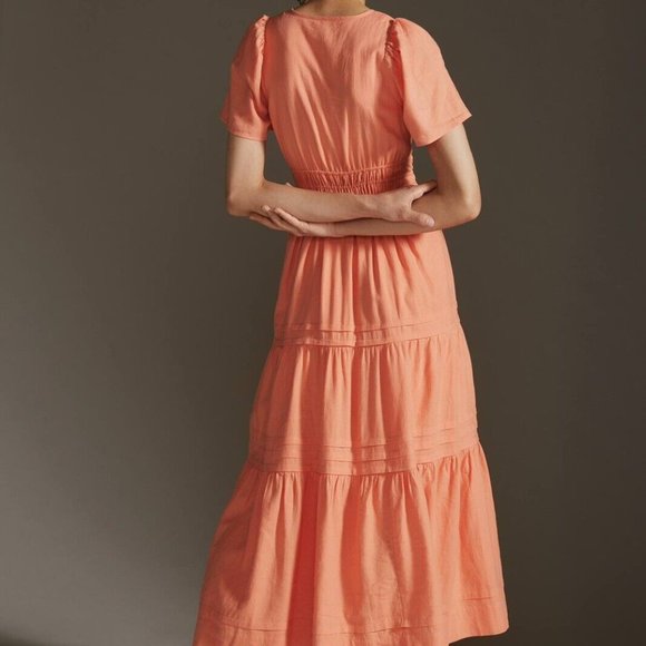 Anthropologie XXS NWT The Somerset Maxi Dress Linen Edition Tiered Orange